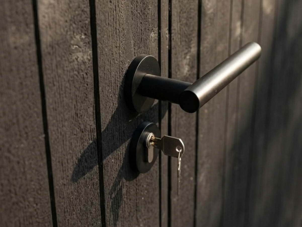 Detail van deurklink op zwart houten poolhouse