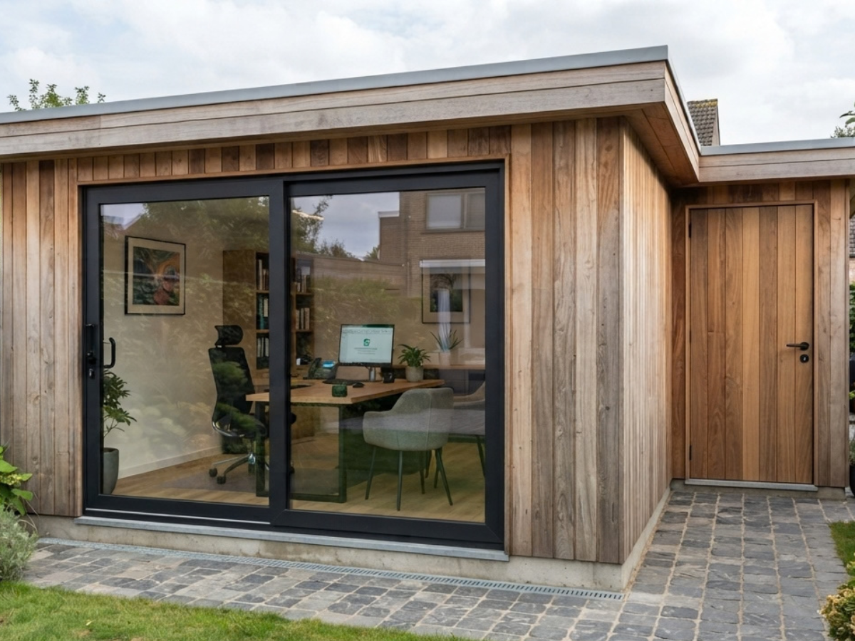 Houten tuinkamer op maat met glazen schuifdeur, ingericht als tuinkantoor
