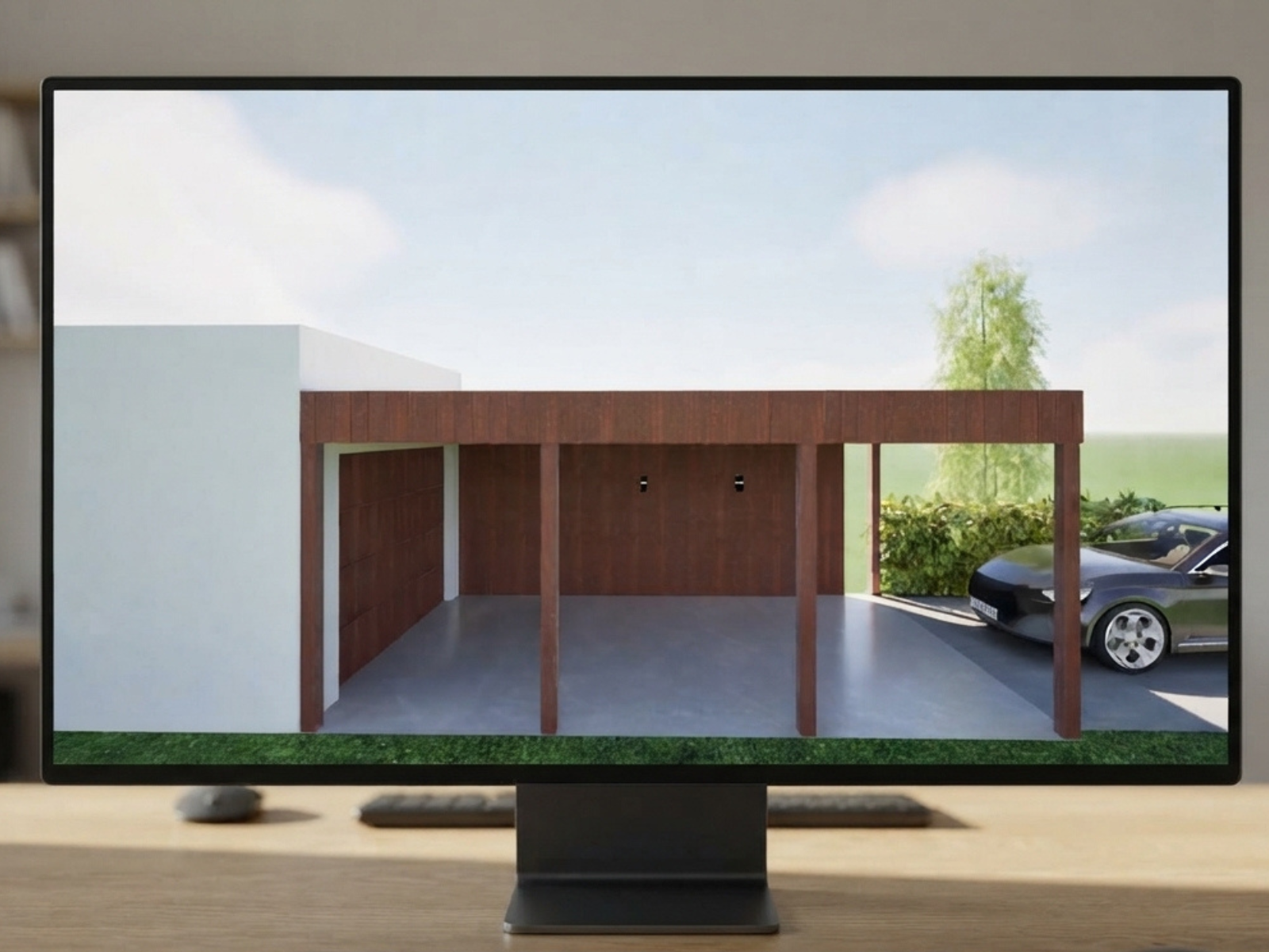 3D-ontwerp van een carport met houten beplating