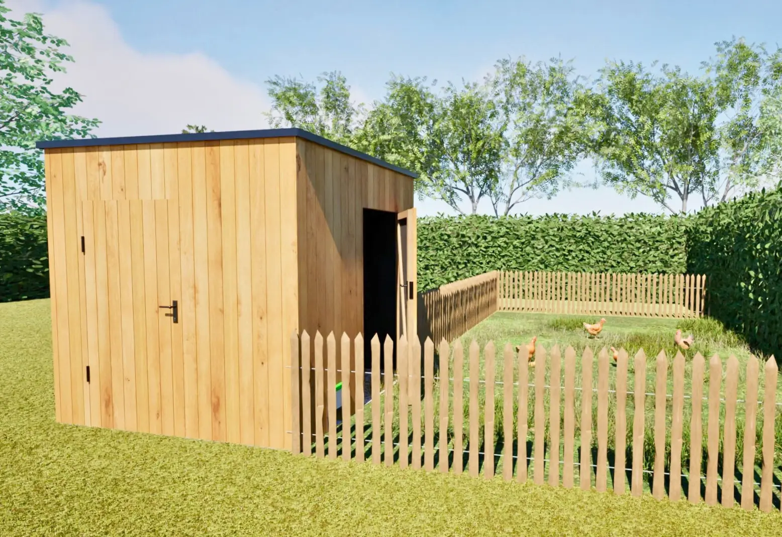 3D-ontwerp van een houten tuinberging op maat met omheinde ren