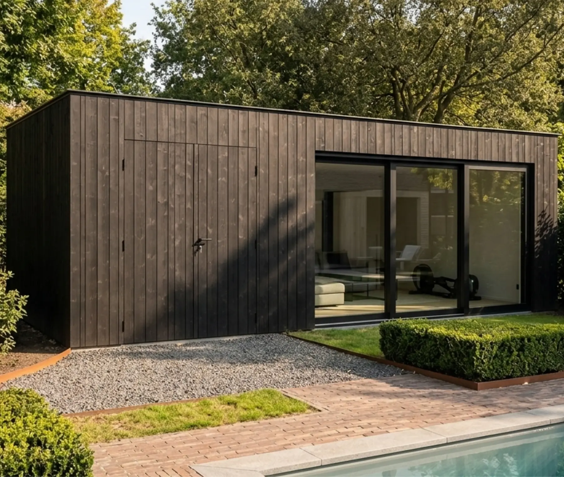 Houten poolhouse met grote glaspartij en zicht op zwembad