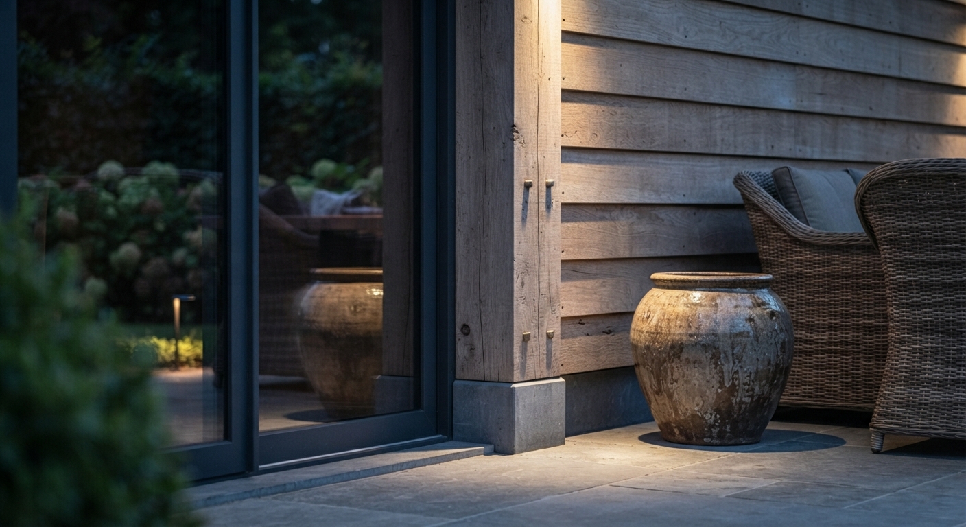 Eiken bijgebouw met natuurlijke houten structuur