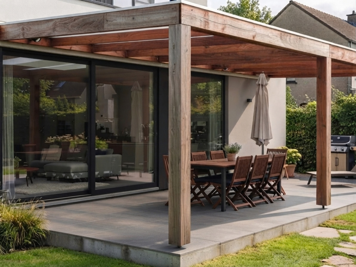Houten terrasoverkapping aansluitend op de woning met eettafel en glazen schuifdeur