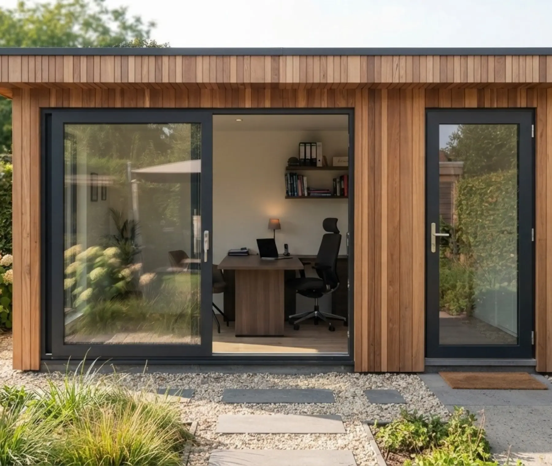 Houten tuinkamer op maat als tuinkantoor met glazen schuifdeur